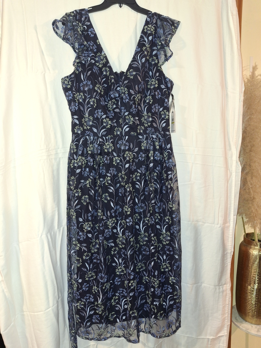 Kensie Navy Floral V-Neck Midi Dress with Flutter Sleeves